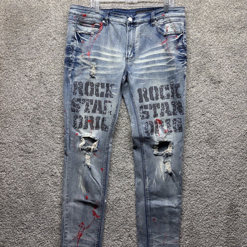 Rockstar Original Men 42x32 Distressed Paint Splat Rhinestones Jeans Grunge Y2K